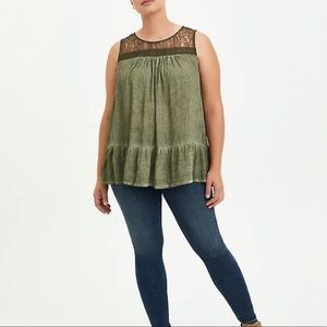 Lace Trim Tank Gauze Mineral Wash Olive
